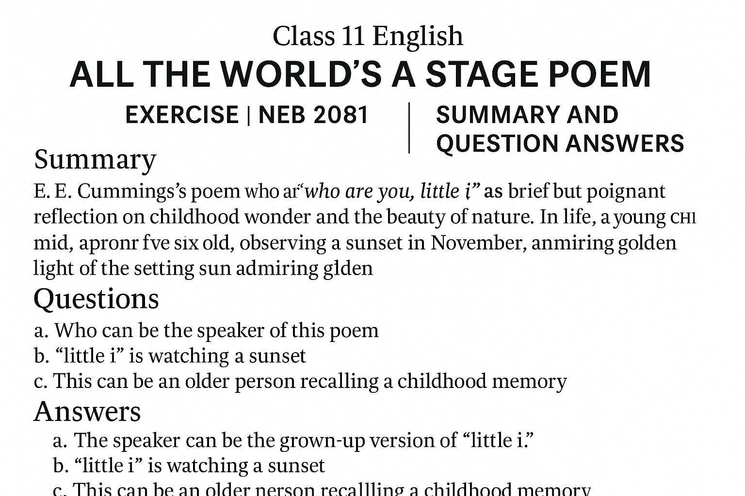 Class 11 English All the World’s a Stage Poem Exercise | NEB 2081 | Summary and Question Answers Full exercise of All the World’s a Stage : Summary and Question Answers