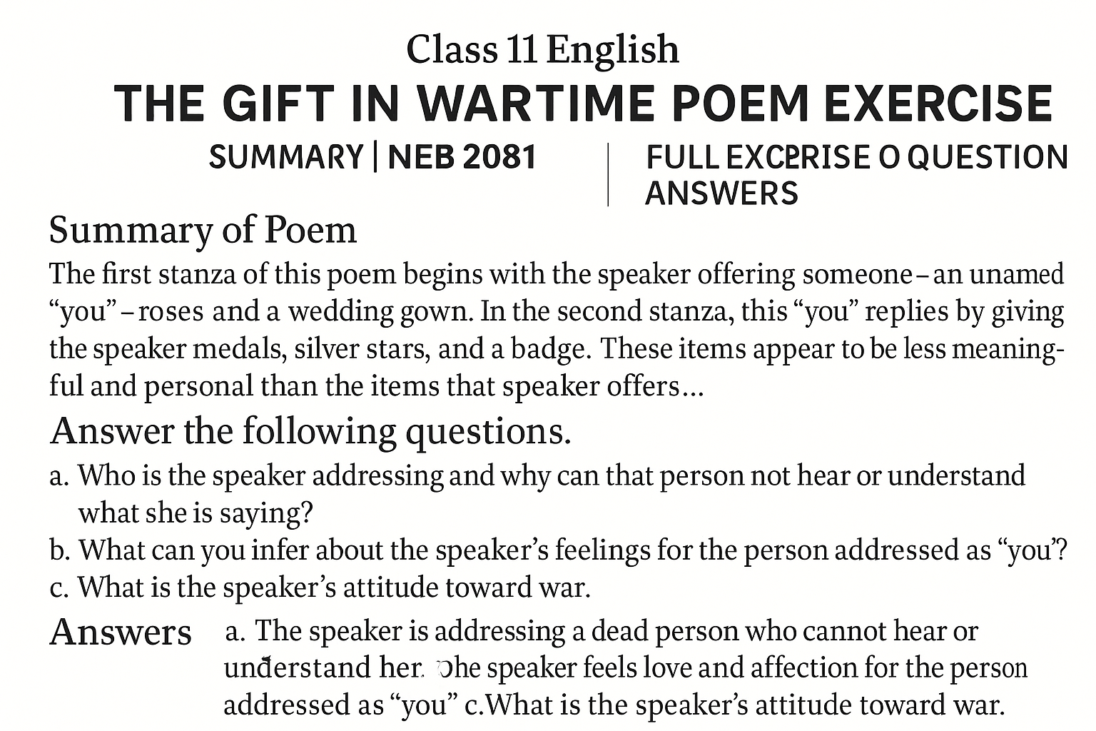 Class 11 English The Gift in Wartime Poem Exercise | NEB 2081 | Summary and Question Answers Full exercise of The Gift in Wartime : Summary and Question Answers